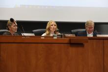 TALCB Chair Sara Oates on the dais at the November '24 Board meeting. Seated on the left is Board Vice Chair Martha Gayle Reid Lynch, to the right is Board Secretary Mark McAnally.