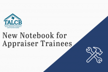 black text on a white background that says "new notebook for appraiser trainees". 